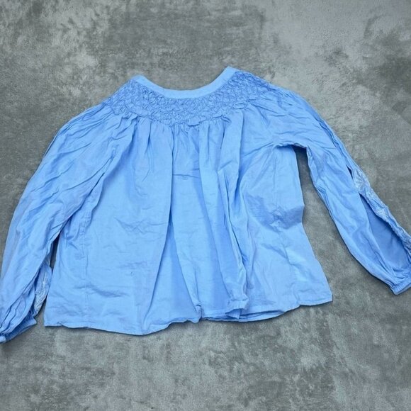 Logo Lavish Light Blue Embroidered Smocked Blouse Long Sleeve Cotton L a0506 - Picture 1 of 9